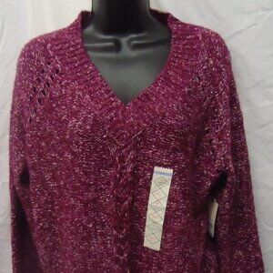 ST. JOHN'S BAY WOMEN'S SIZE P M SWEATER BURGUNDY BERRY PURPLE MARBLED V NECK NWT